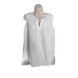 Ellen Tracy White 100% Linen Sleeveless V-Neck Blouse, Hi- Low Hem Size Small